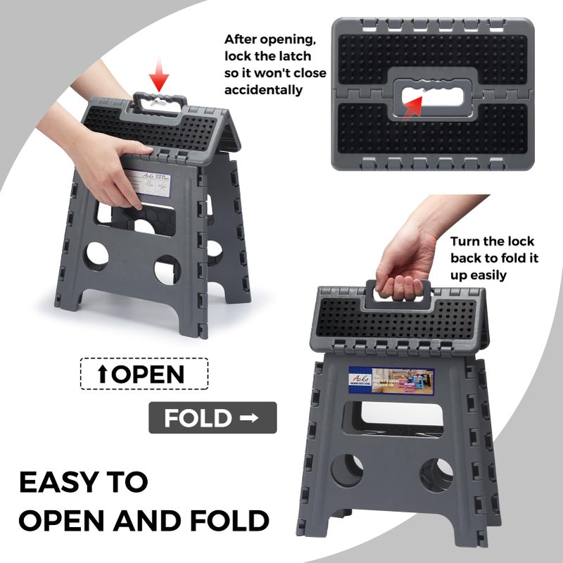 ACKO Folding Step Stool 13 inch Height Premium Heavy Duty Foldable Step Stools for Adults and Kids, Kitchen Plastic Small Collapsible Stepping Stool Hold Up to 300 LB Dot Grey (1 Pack) - Image 2